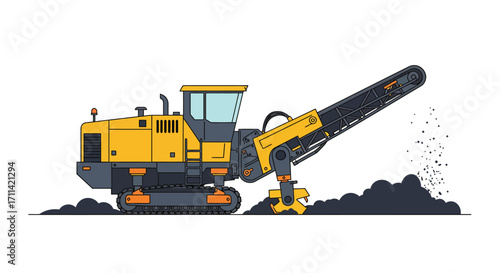 Stylized vector illustration of a road milling machine scraping asphalt