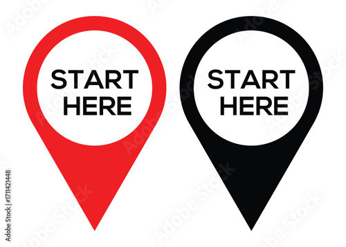 Start Here Map Icon Set – Location Pin, Position Symbol, and GPS Pointer Vector Illustration.