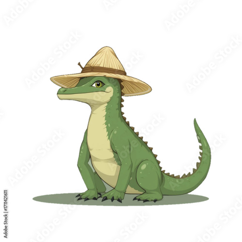 Illustration of a green Komodo dragon wearing a caping hat 