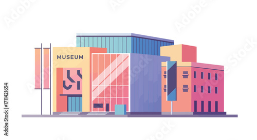 Stylized vector illustration showcasing a vibrant museum building with modern architecture
