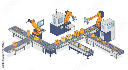 Automated packaging process with robotic arms on conveyor belt system
