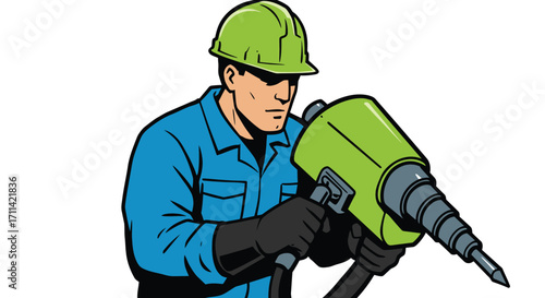 Energetic Construction Worker Poses with a Lime Green Drill in Flat Vector Illustration