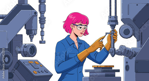 Female mechanic inspecting machinery with precision instruments and wearing safety glasses