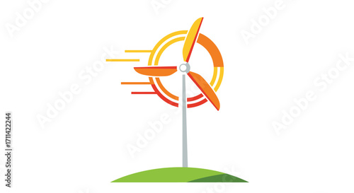 Stylized vector illustration showcasing a vibrant wind turbine on a hill