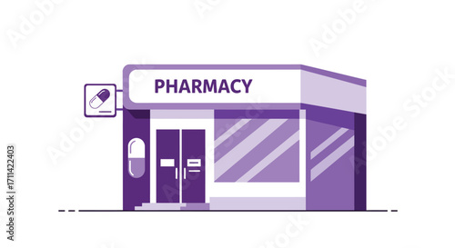 Stylized flat vector illustration of a vibrant modern pharmacy storefront