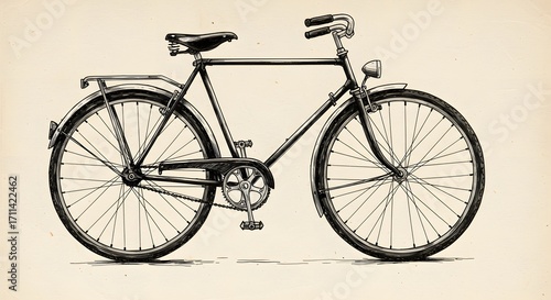 Bicycle drawing Black vintage bike with a headlight fenders and rack on a light tan background