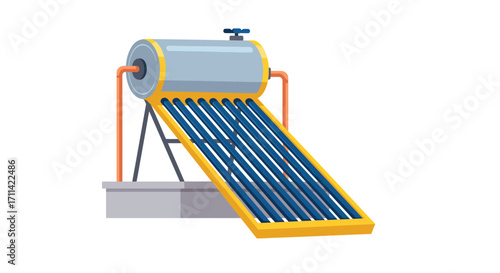 Stylized flat vector illustration of a solar water heater on a rooftop