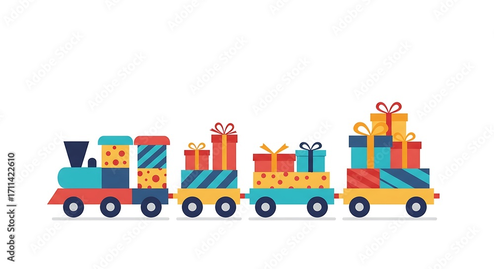 Fototapeta premium Colorful Christmas Train With Gift Boxes with Festive Holiday Celebration, and White Background.