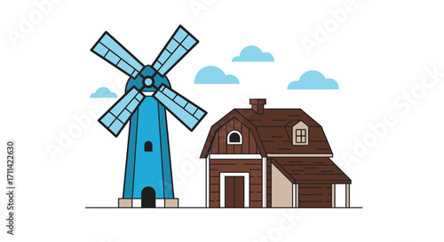 Stylized flat vector illustration of a vibrant windmill and farmhouse scene