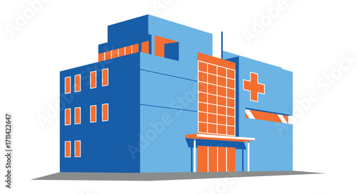 Modern minimalist hospital building design with vibrant blue and orange hues