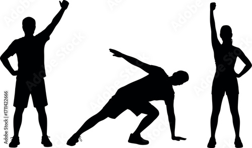Dynamic fitness silhouettes capturing energetic bodyweight exercise poses of three people silhouette