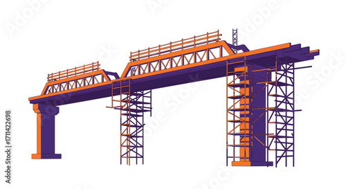 Stylized vector illustration of a bridge under construction with scaffolding