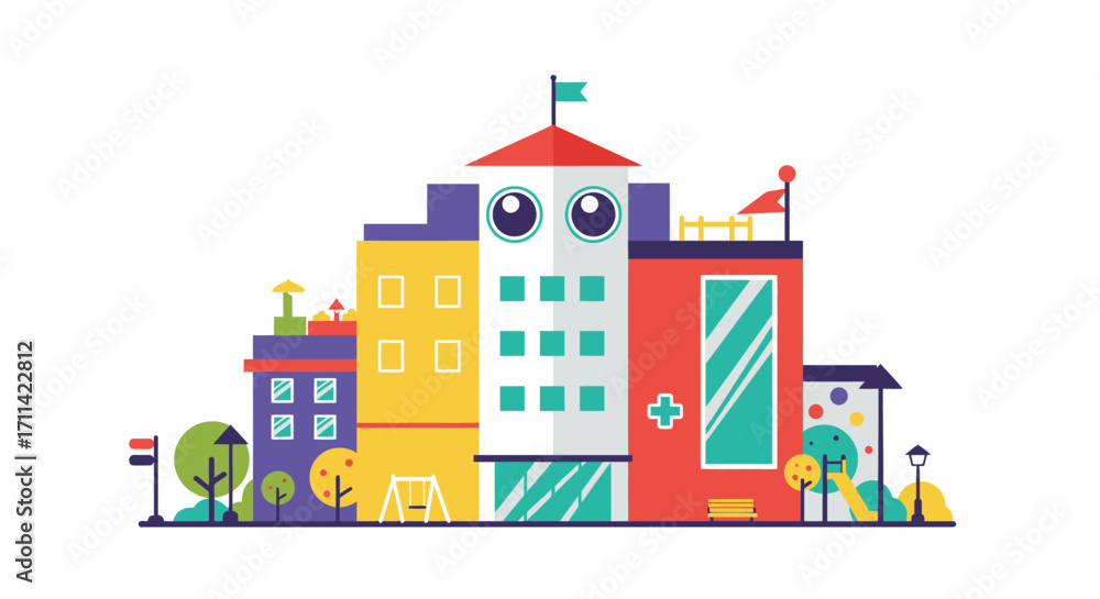 Naklejka premium Stylized flat vector illustration of a playful children�s hospital design