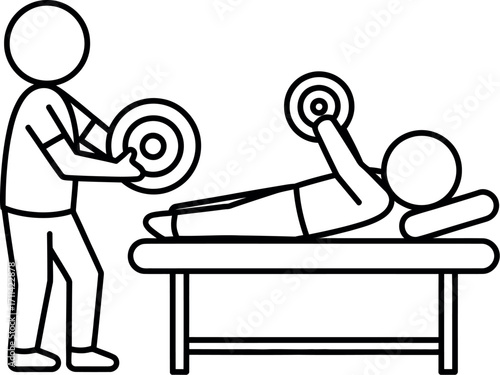 Physiotherapist assists patient lifting dumbbells during rehabilitation exercise on table silhouette