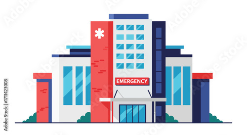 Stylized flat vector illustration of a vibrant modern hospital exterior