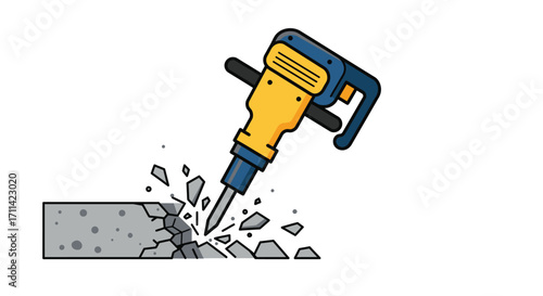 Stylized vector illustration of a jackhammer breaking concrete slab, vibrant color