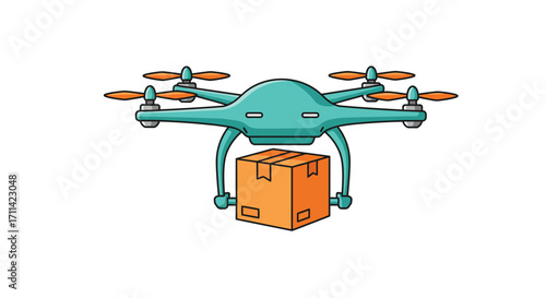 Stylized turquoise drone gracefully delivers a package with precision