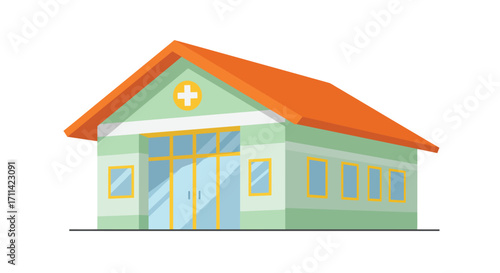 Flat vector illustration of community clinic with an orange roof