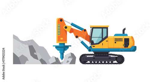 Stylized flat vector illustration of a rock splitter in a quarry site