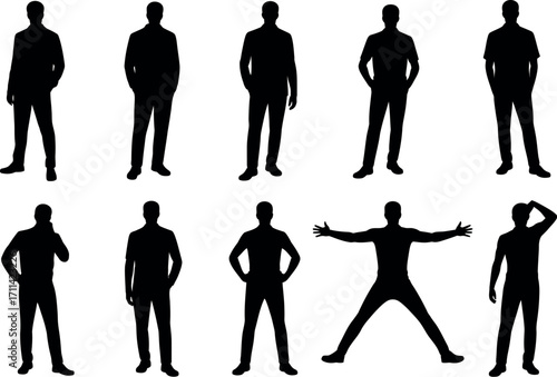 Set of 10 male silhouettes diverse poses and styles for design projects silhouette