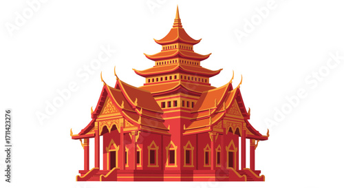 Stylized vibrant Buddhist temple with layered roof design on white backdrop