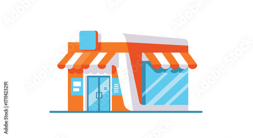 Stylized flat vector illustration of a vibrant modern pharmacy storefront