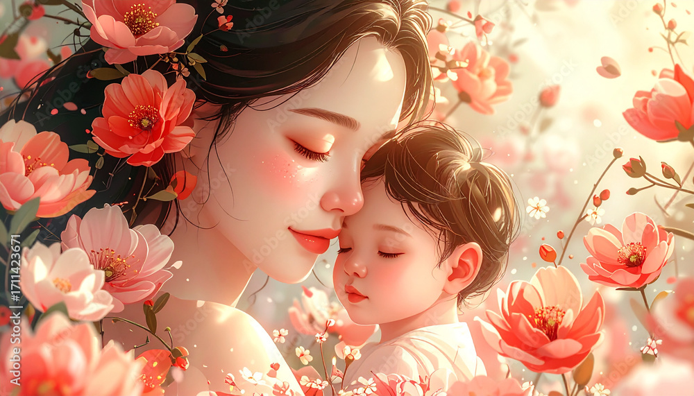 Fototapeta premium Mother and Child Surrounded by Flowers: A Tender Embrace of Love and Beauty, Gentle Affection Captured in a Serene Floral Scene