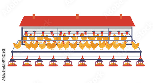 Flat vector illustration of a vibrant poultry farm setup with feeders