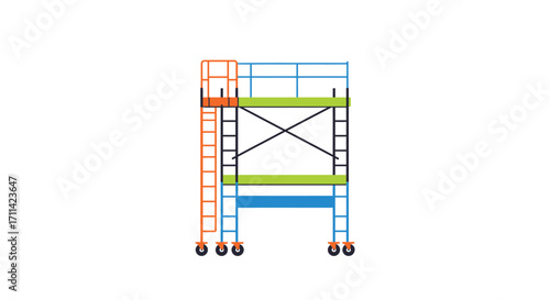 Stylized vibrant mobile scaffold tower with ladder against a white setting
