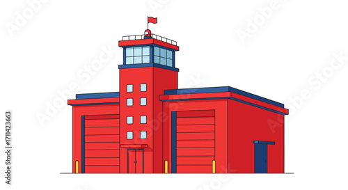 Stylized Flat Vector Illustration of a Fire Station with Tower and Garages