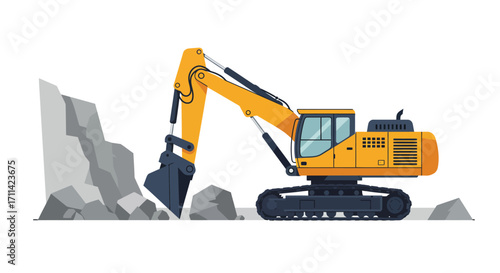 Vibrant vector illustration showcasing excavator at a quarry site in action