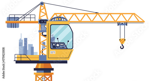 Stylized Tower Crane Vector Illustration with Cityscape Background