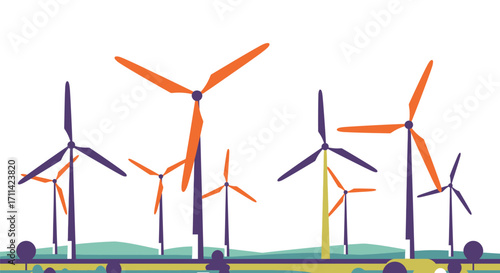 Stylized wind farm illustration depicting sustainable energy production and natural landscapes