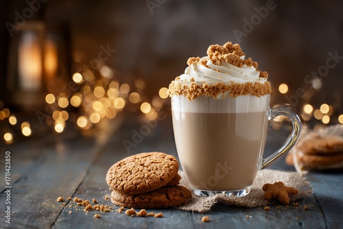 Cappuccino with whipped cream and cookies on rustic table with warm lights