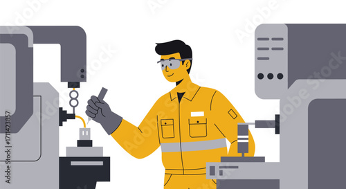 Flat vector illustration of a worker inspecting complex machinery, modern industrial setting