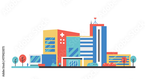 Stylized flat vector illustration of a modern medical research center