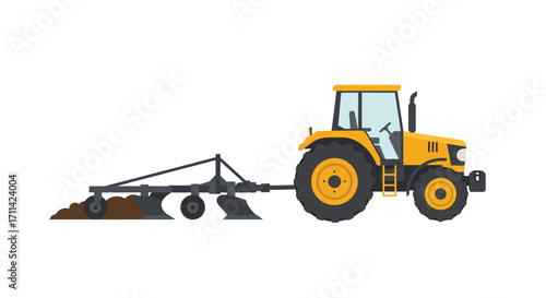 Vibrant tractor pulling plow on white background, farm machinery art