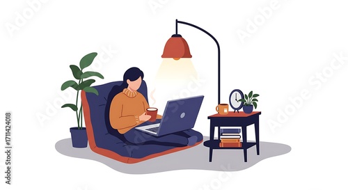 Cozy Home Office Woman Working on Laptop with Coffee Break, and Relaxing at Home.