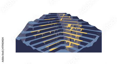 Stylized flat vector illustration of a vibrant open pit mine landscape