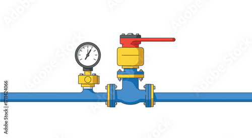 Stylized illustration of a pipeline with safety valve assembly and gauge