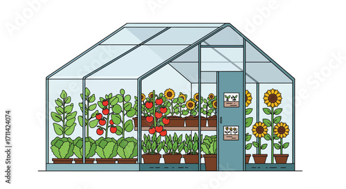 Stylized flat vector illustration of a greenhouse teeming with various crops