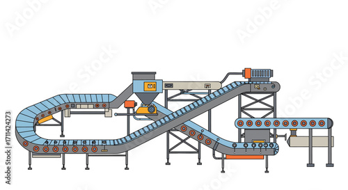 Automated assembly line with conveyor belts in a factory setting illustration