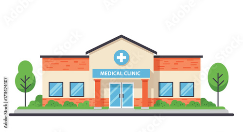 Stylized flat vector illustration of a medical clinic in town center