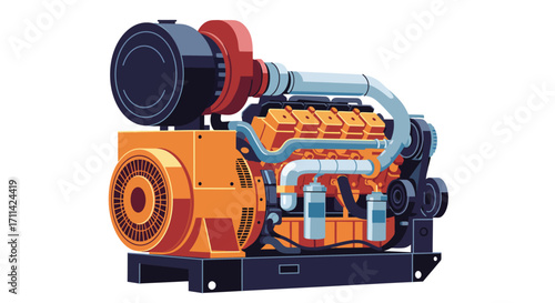 Detailed flat vector illustration of a powerful diesel generator system