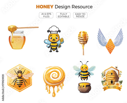 Honey Resource Design, Bee with Honey Vector Illustration, Golden Honeycomb, Natural Food Icon, Sweet Bee Art Organic Honey Symbol Decorative Logo Concept.