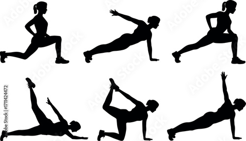 Diverse fitness poses silhouettes displayed in six dynamic positions for workout inspiration silhouette