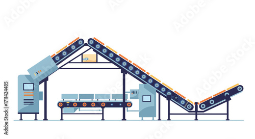 Stylized flat vector illustration depicting vibrant industrial conveyor system