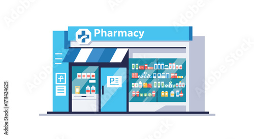 Stylized flat vector illustration of a modern pharmacy storefront