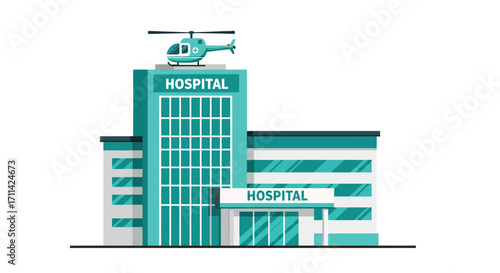 Stylized flat vector illustration of a modern hospital with helipad