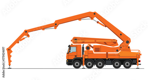 Vibrant orange concrete pump truck vector illustration on white background